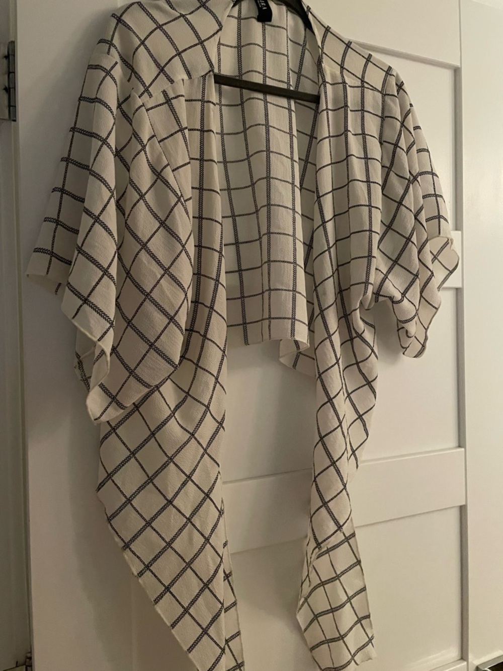 Ivory Open Front Grid-Print Shawl Cardigan